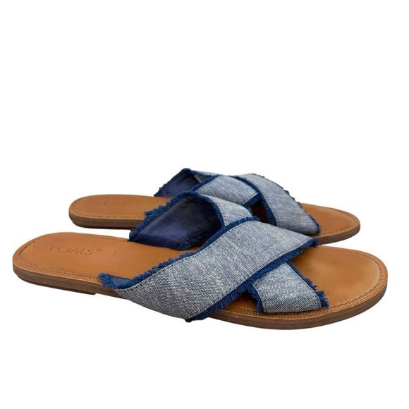 TOMS Viv Blue Slub Chambray Crossover Slide Sandals Size 10 - Picture 3 of 8